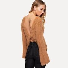 Romwe Twist Open Back Solid Fuzzy Jumper