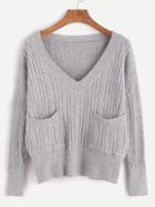 Romwe Grey V Neck Drop Shoulder Cable Knit Sweater
