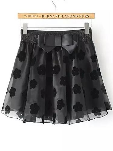 Romwe With Bow Flower Print Black Skirt