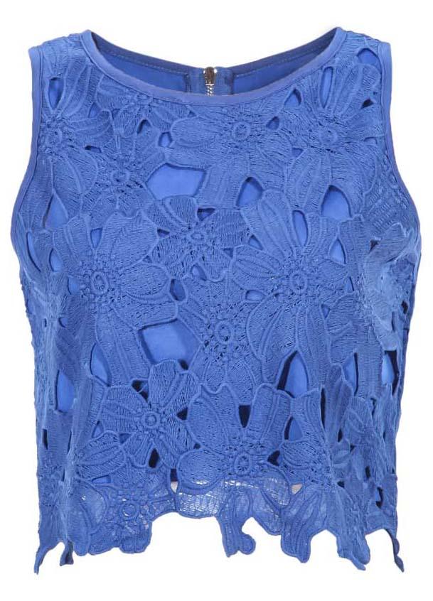 Romwe Sleeveless Hollow Lace Blue Tank Top