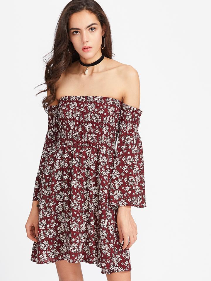 Romwe Calico Print Smocked Off Shoulder Bell Sleeve Dress