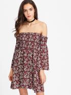 Romwe Calico Print Smocked Off Shoulder Bell Sleeve Dress