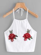 Romwe Halter Neck Rose Embroidered Patch Top