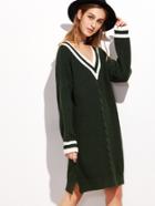 Romwe Green V Neck Striped Trim Cable Knit Sweater Dress