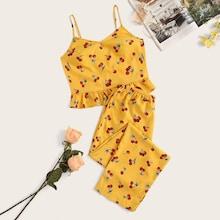 Romwe Cherry Print Ruffle Hem Cami Pj Set
