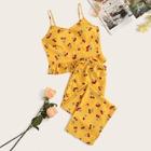 Romwe Cherry Print Ruffle Hem Cami Pj Set