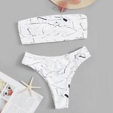 Romwe Marble Print Bandeau With High Cut Bikini