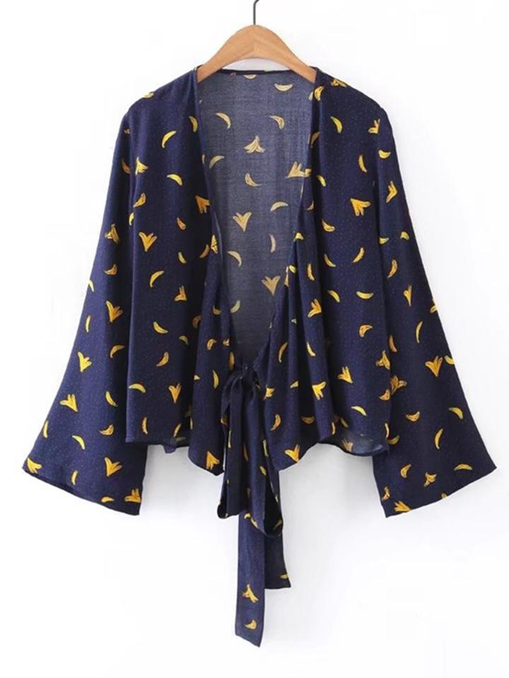 Romwe Bell Sleeve Banana Print Tie Detail Top
