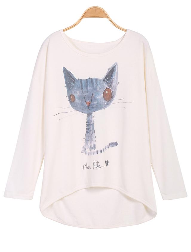 Romwe Cat Print Dipped Hem Blouse