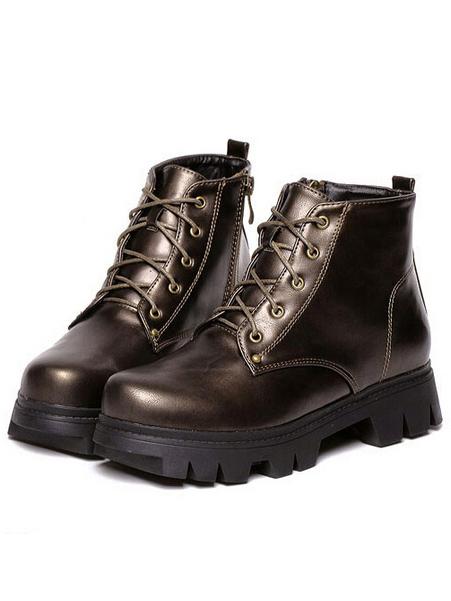 Romwe Bronze-coloured Round Toe Lace Up Vintage Pu Boots