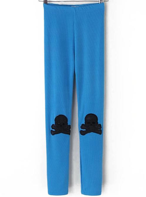 Romwe Skull Pattern Slim Blue Legging