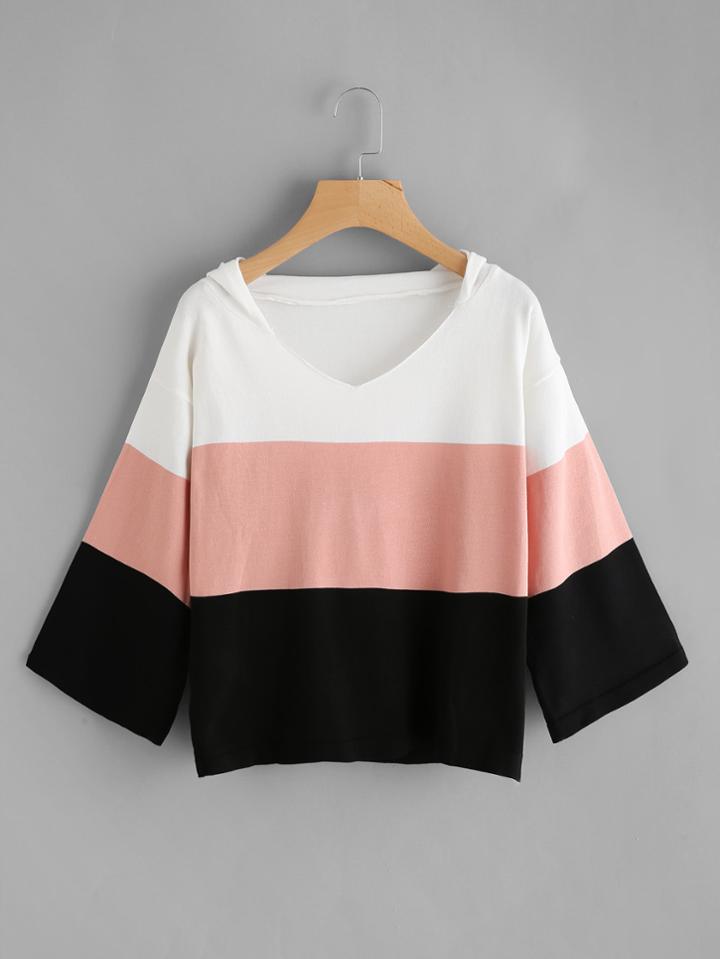 Romwe Hooded V Neckline Wide Striped Knit Tee