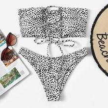 Romwe Dot Print Lace-up Bandeau With High Cut Bikini