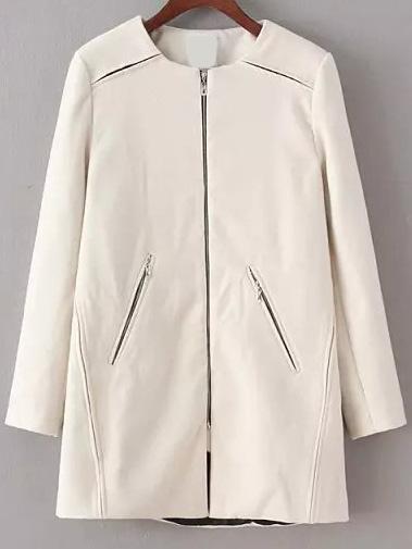 Romwe Round Neck Zipper Woolen Beige Coat