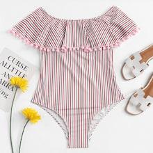 Romwe Plus Pom Pom Trim Striped Flounce Swimsuit