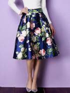Romwe High Waist Florals Flare Blue Skirt