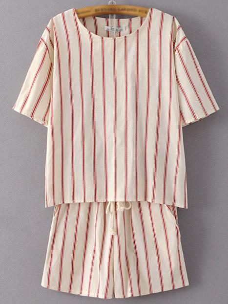 Romwe Beige Short Sleeve Striped Top With Shorts