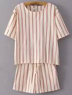 Romwe Beige Short Sleeve Striped Top With Shorts