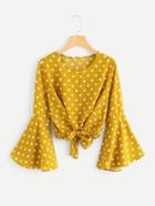 Romwe Fluted Sleeve Polka Dot Knot Front Top