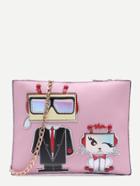 Romwe Cute Pink Cartoon Patch Clutch Bag With Chain Strap