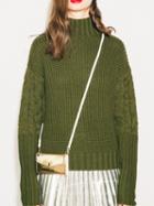 Romwe High Neck Cable Knit Green Sweater