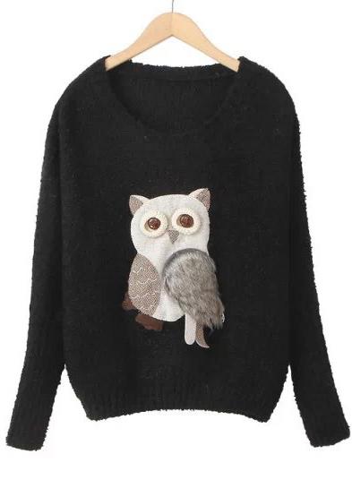 Romwe Owl Pattern Batwing Knit Black Sweater