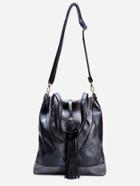 Romwe Black Faux Leather Tassel Trim Drawstring Bucket Bag