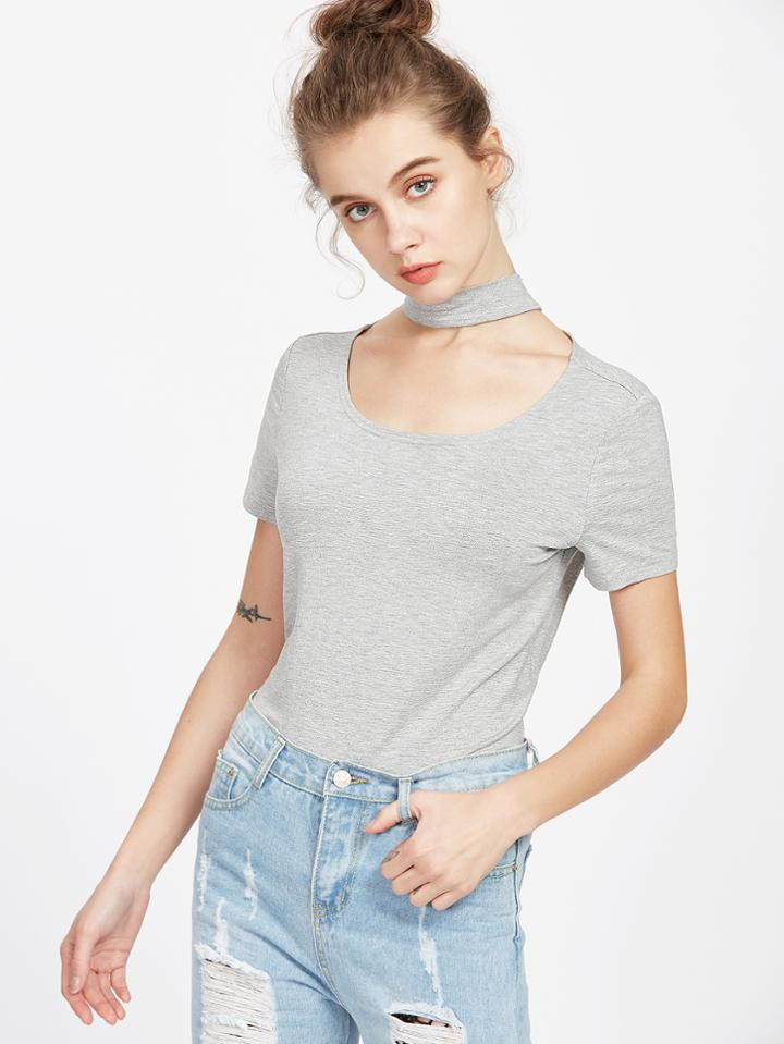 Romwe Heather Grey Keyhole Back Short Sleeve T-shirt With Choker