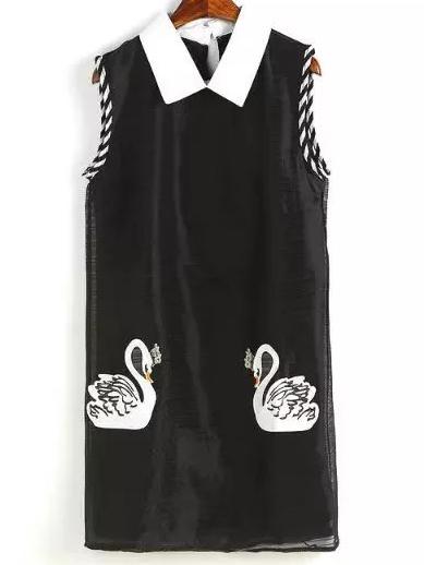 Romwe Black Peter Pan Collar Swan Printed Dress