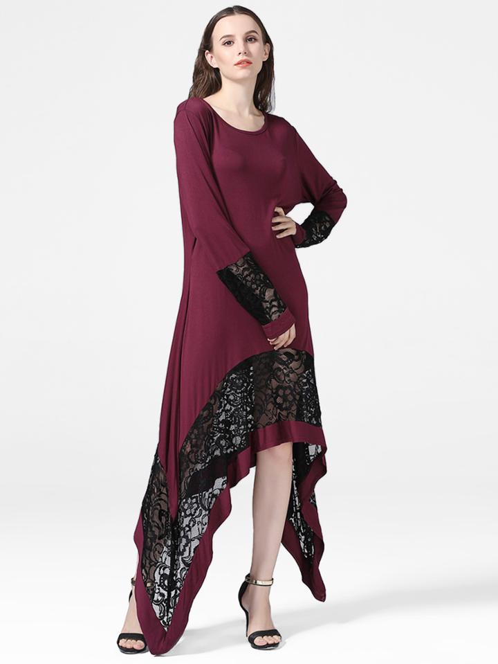 Romwe Lace Panel Asymmetric Hem Dress