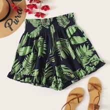Romwe Plus Leaf Print Ruffle Hem Shirred Shorts