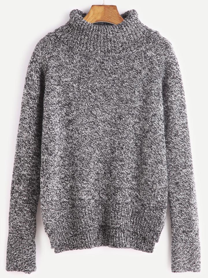 Romwe Black Turtleneck Raglan Sleeve High Low Slub Sweater