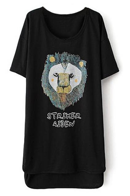 Romwe Asymmetric Lion Head Print Black Dress