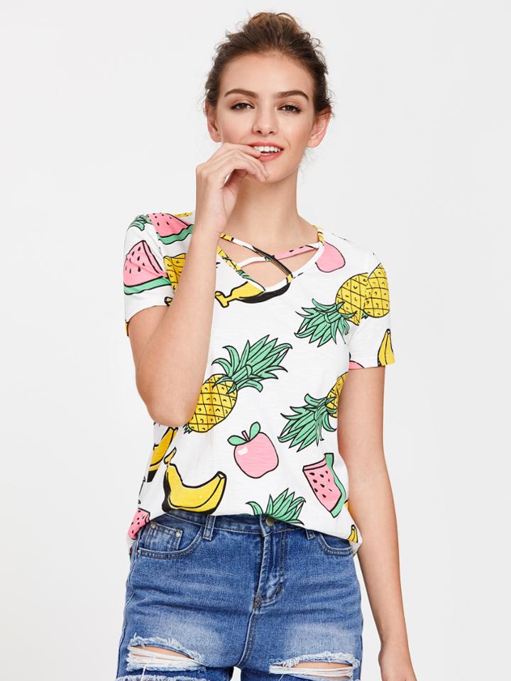 Romwe Allover Fruit Print Crisscross Dolphin Hem Tee