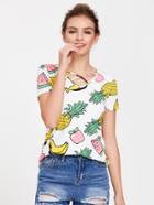 Romwe Allover Fruit Print Crisscross Dolphin Hem Tee