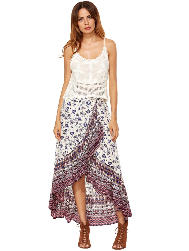Romwe Multicolor Wrap Floral Print High Low Skirt