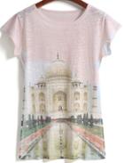 Romwe Castle Print Short Sleeve Pink T-shirt