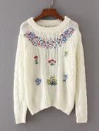 Romwe Embroidered Flower Cable Knit Sweater