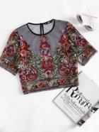 Romwe Flower Embroidery Mesh Crop Top