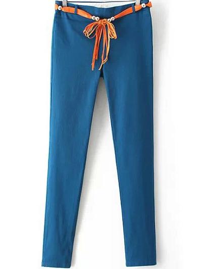 Romwe Bead Belt Slim Blue Pant