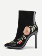 Romwe Flowers Embroidery Stiletto Ankle Boots