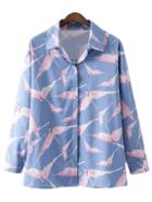 Romwe Multicolor Long Sleeve Buttons Front Birds Print Blouse