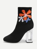 Romwe Flower Embroidery Clear Heeled Boots