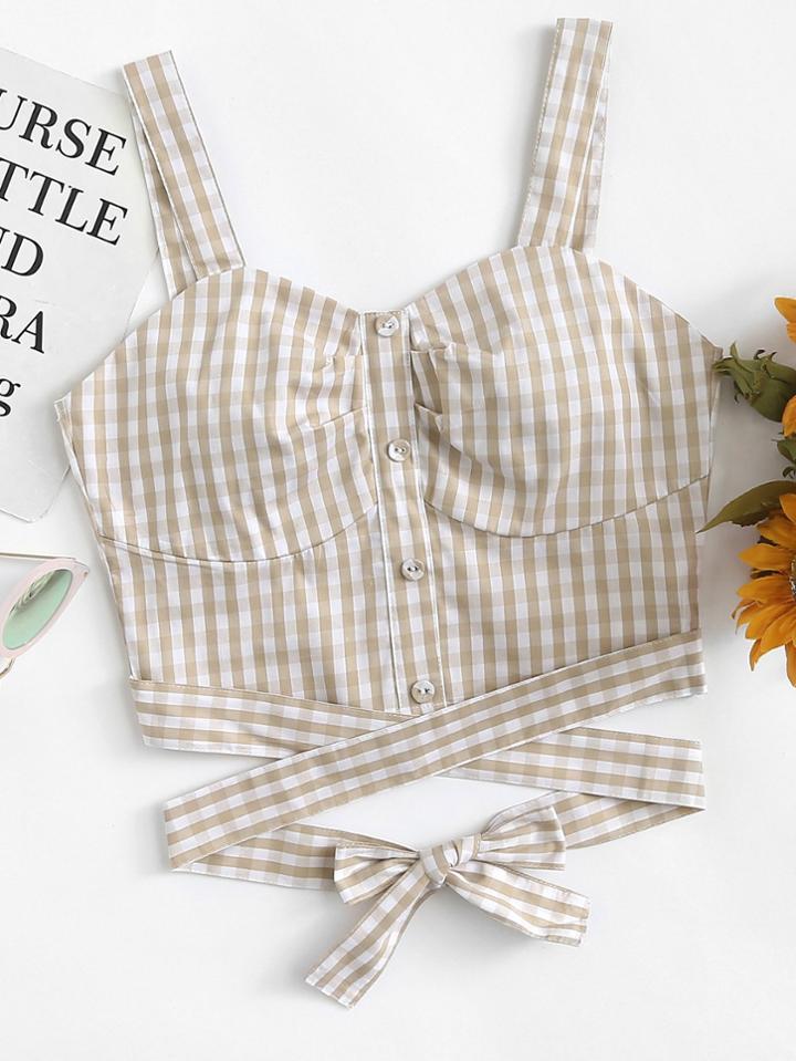 Romwe Cut Out Waist Checked Cami Top