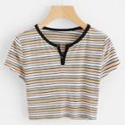 Romwe Striped Ribbed Crop Henley Tee