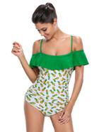 Romwe Pineapple Print Ruffle Detail Spaghetti Strap One-piece Swimwear