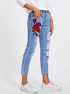 Romwe Flower Appliques Ripped Jeans