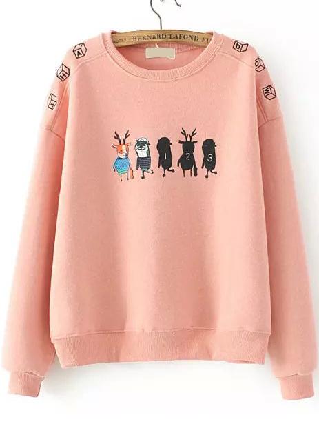 Romwe Cartoon Print Embroidered Pink Sweatshirt