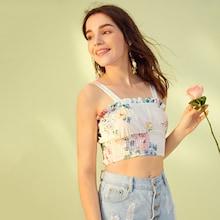 Romwe Floral Print Frill Trim Shirred Cami Top