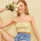 Romwe Floral Print Shirred Bandeau Top
